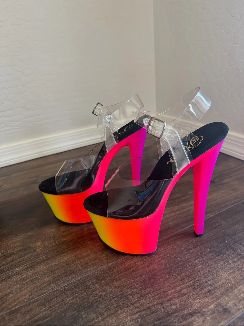 Clear Strap Pleaser Platform Heels with Neon Ombre Platform - Women